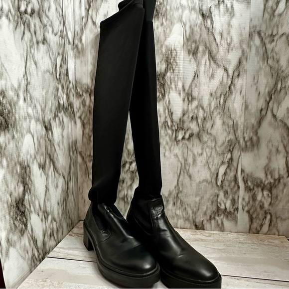 Zara Womens Sz 36 US 6 Black Stretch Knee High Boots Lug Bottom Wide Shaft Moto - Picture 2 of 16